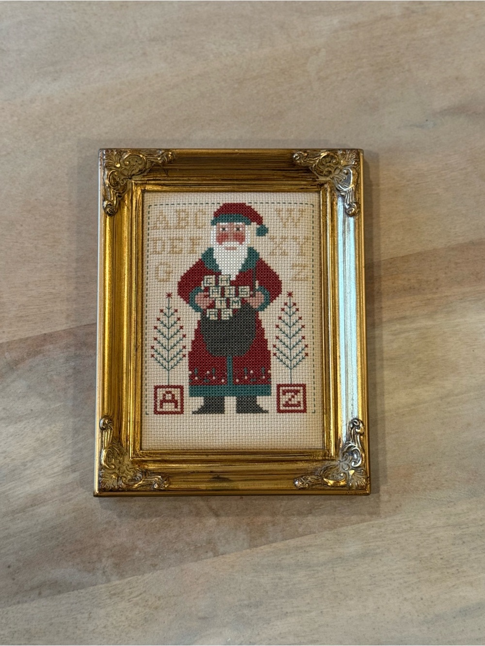 Christmas in July- Festive Prairie Schooler 1997 Santa Cross-Stitch Gold Frame